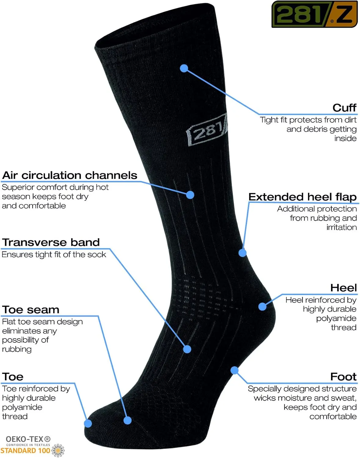 281Z Military Lightweight Boot Socks - Tactical Trekking Hiking - Outdoor Athletic Sport (Black)