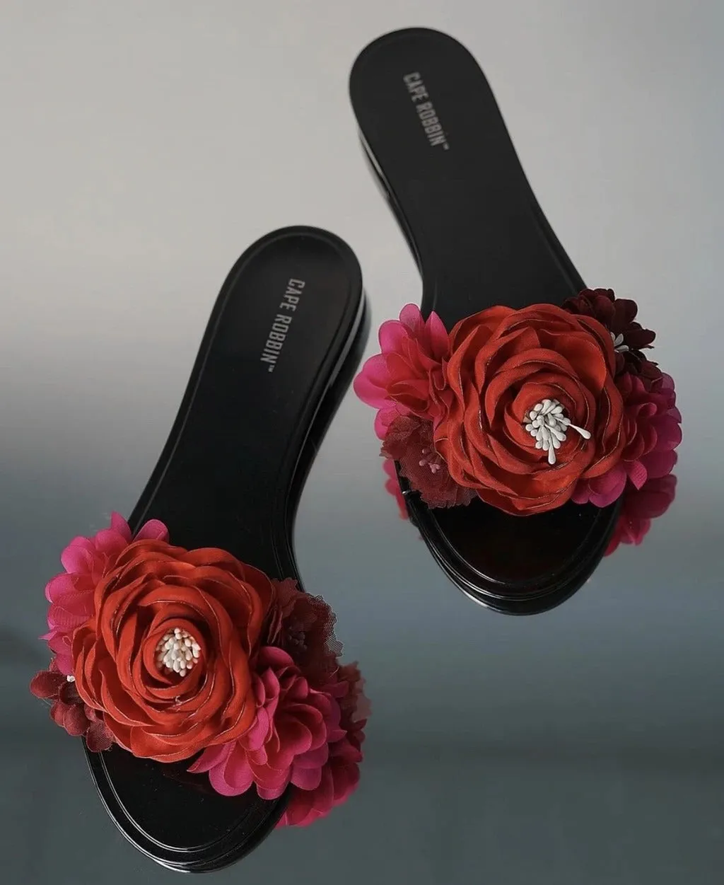 Cape Robbin Women Fullbloom 3D Black Floral Embellished Flat Jelly Slide Sandals