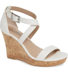 Charles David White Strappy Ankle Buckle Cork Platform Wedge Sandals