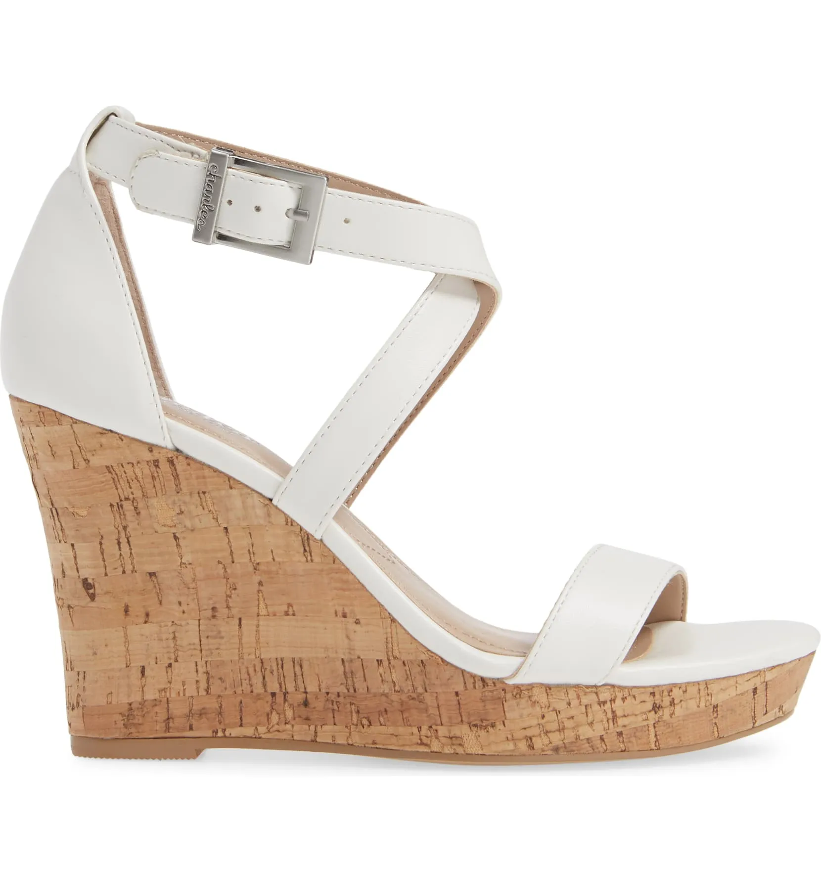 Charles David White Strappy Ankle Buckle Cork Platform Wedge Sandals