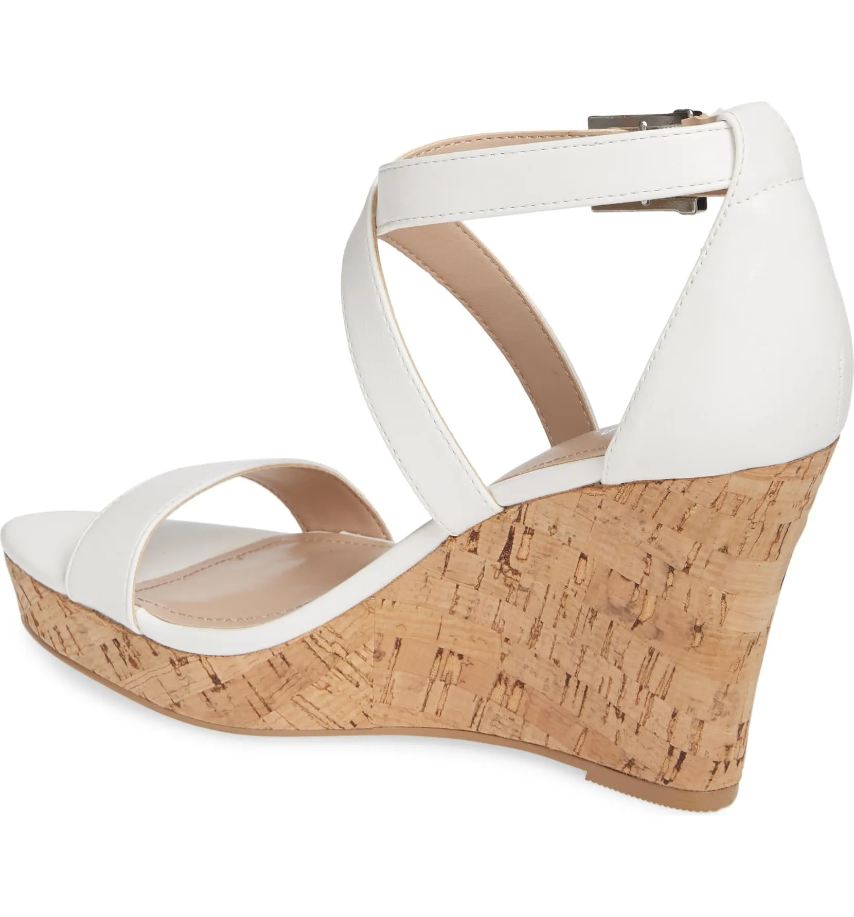 Charles David White Strappy Ankle Buckle Cork Platform Wedge Sandals
