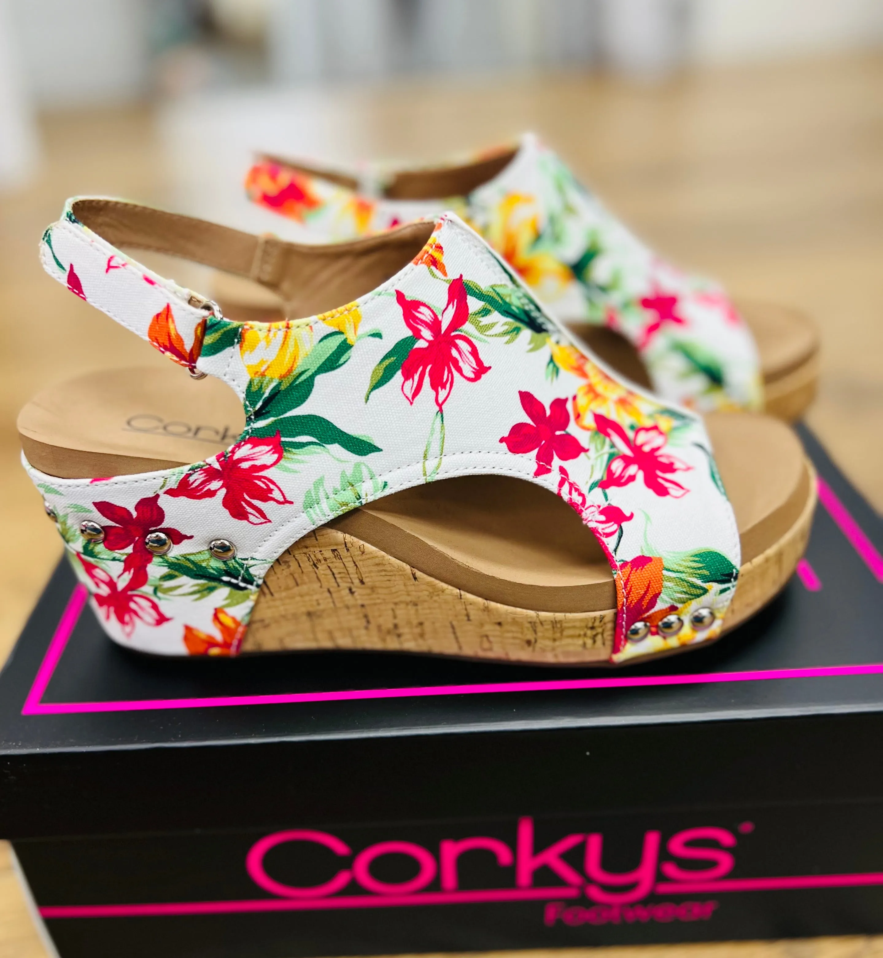 Corkys Carley White Floral Wedges