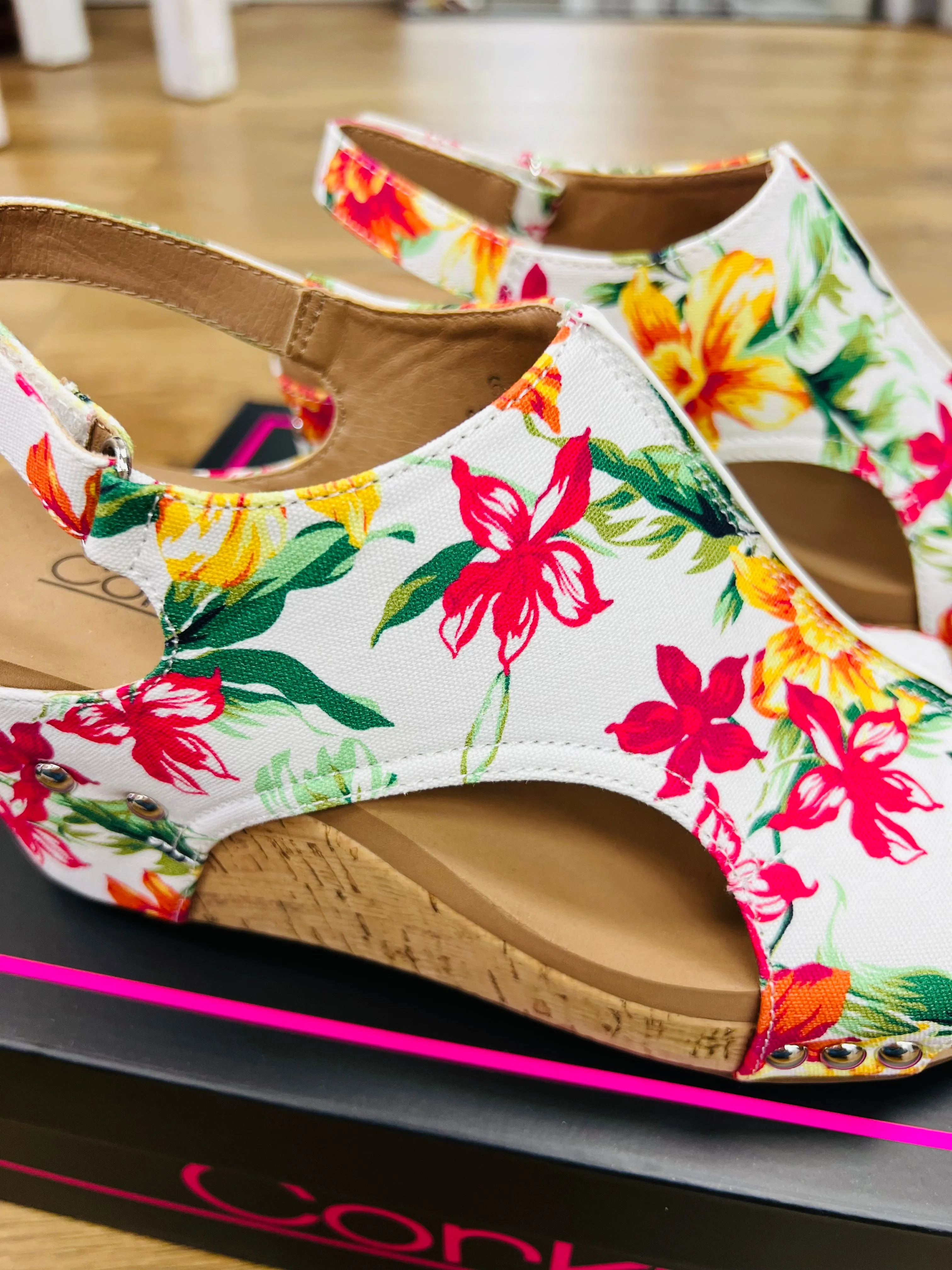 Corkys Carley White Floral Wedges