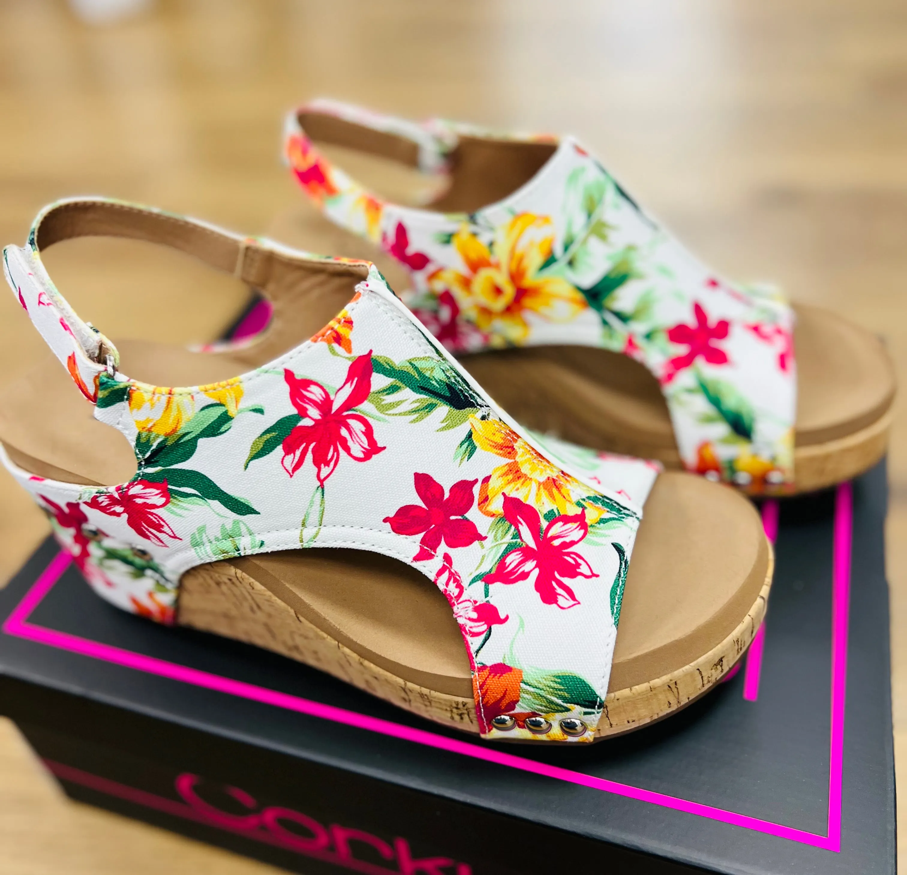 Corkys Carley White Floral Wedges