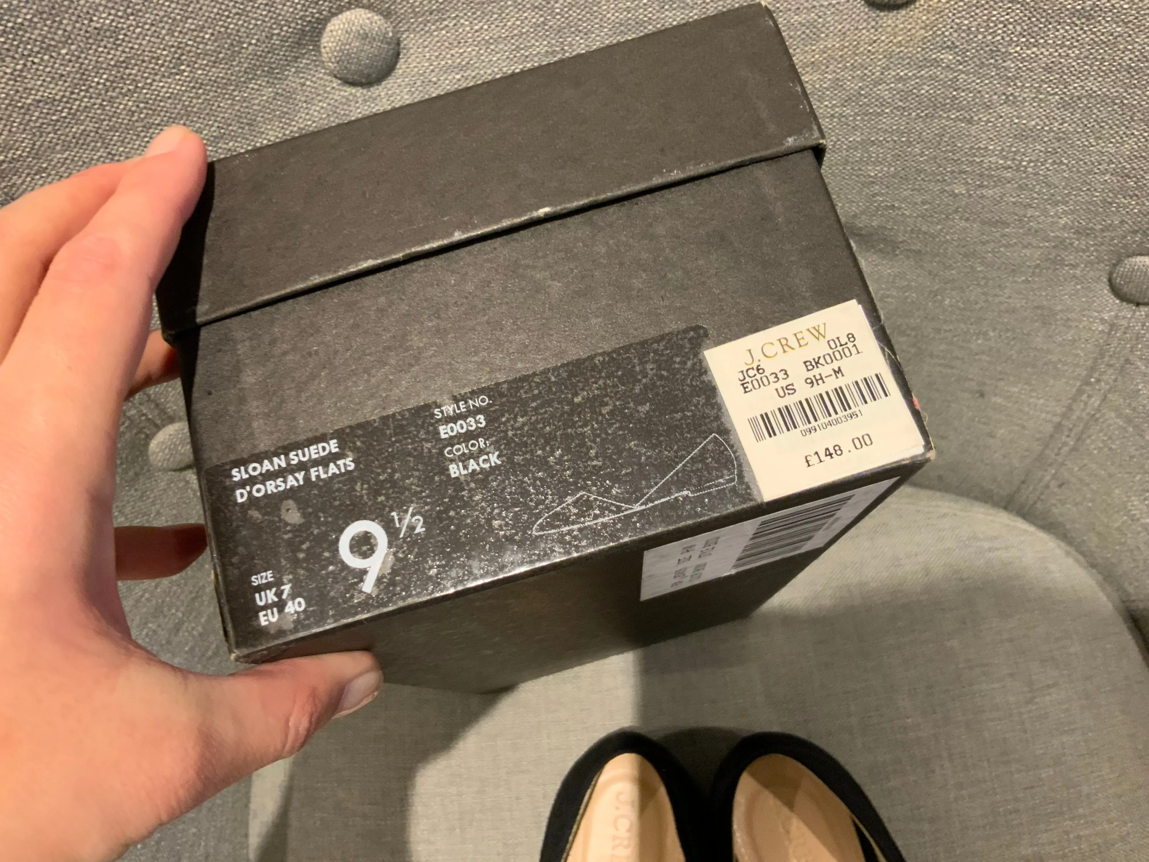 J.Crew Black Suede Pointed D'orsay Flats Size 9 1/2 EU 40 UK 7 ladies