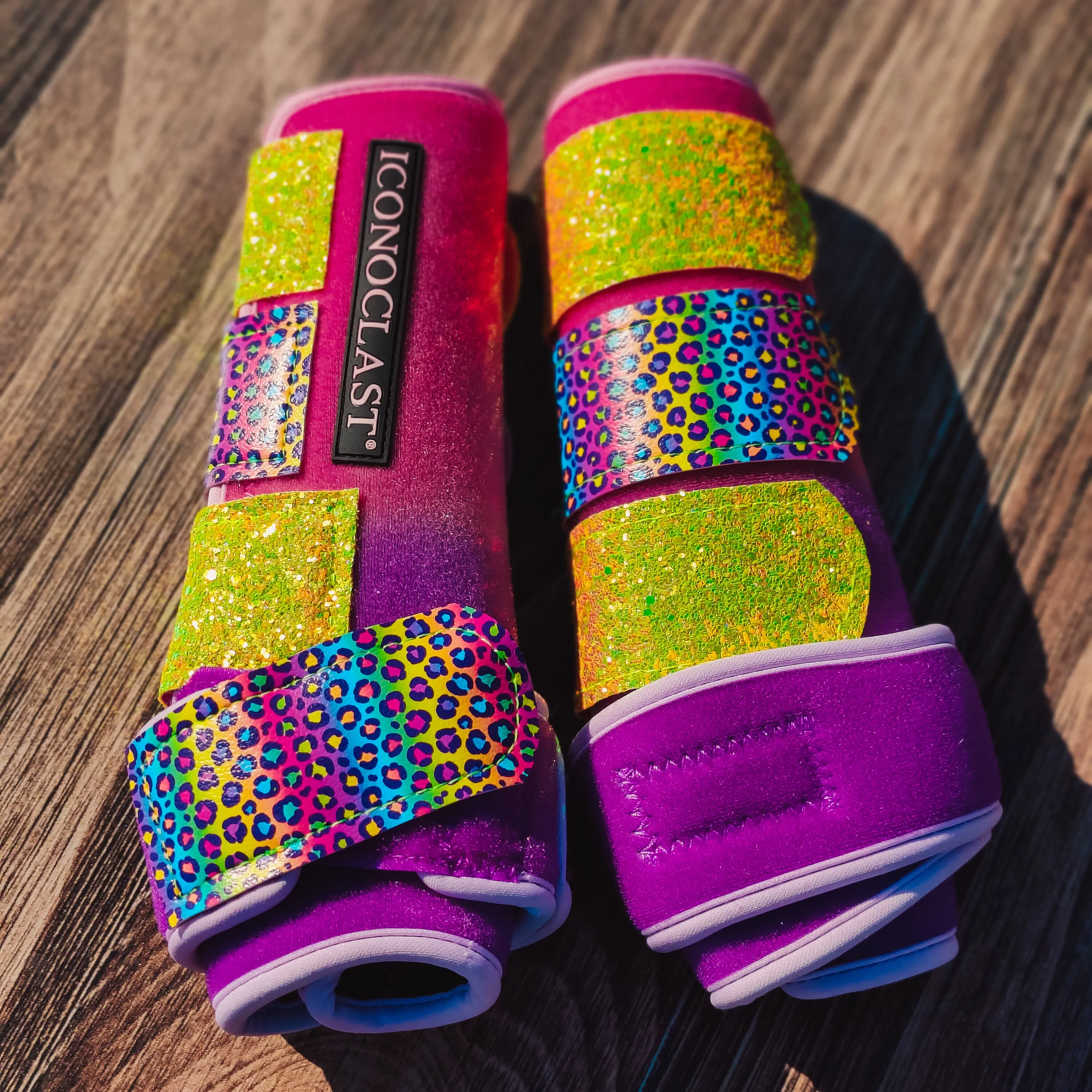 Medium Pink to Purple Double Dyed Iconoclast Fronts w/ Rainbow Cheetah and Yellow Glitter Straps