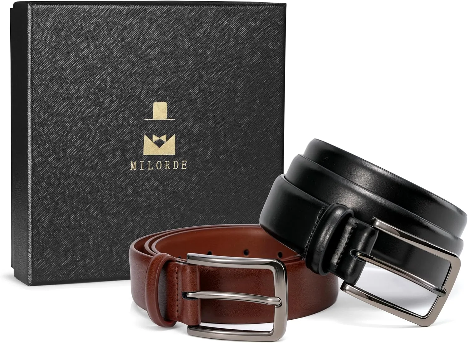 MILORDE Men's Leather Dress Belt 2Pack, Handmade, Genuine Leather, Fashion & Classic Designs for Work Business and Casual