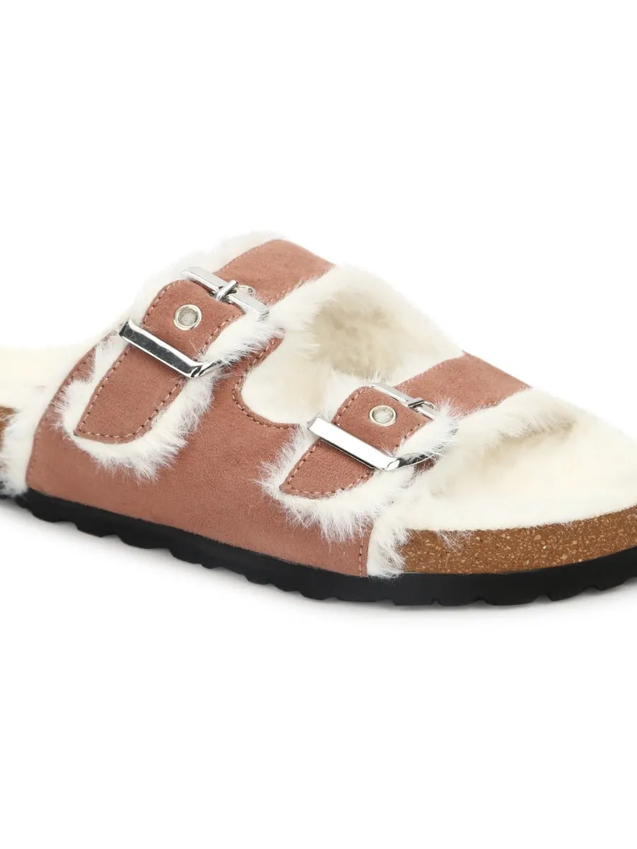 Nude Furry Cork Sandals With Buckle