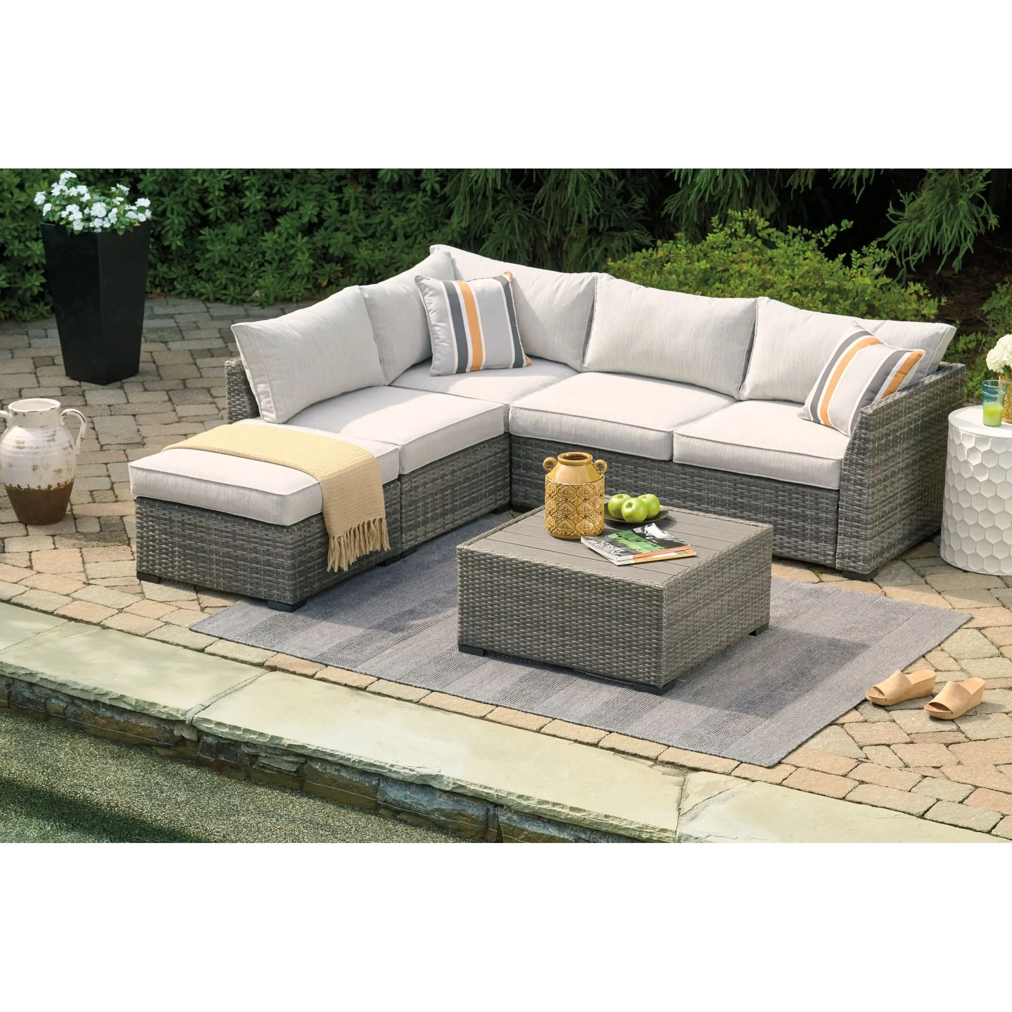 Outdoor Cherry Point Loveseat Sectional with Table and Ottoman Gray