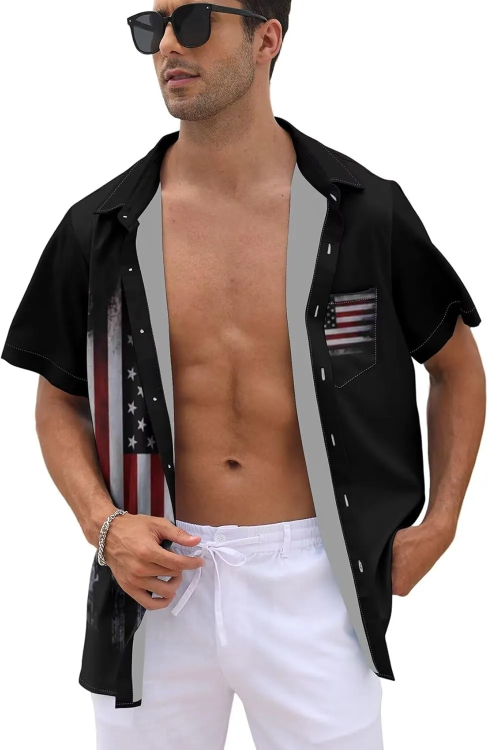 WHO IN SHOP Men's 4th of July American Flag Patriotic Shirts Short Sleeve Button Up USA Memorial Day Shirts