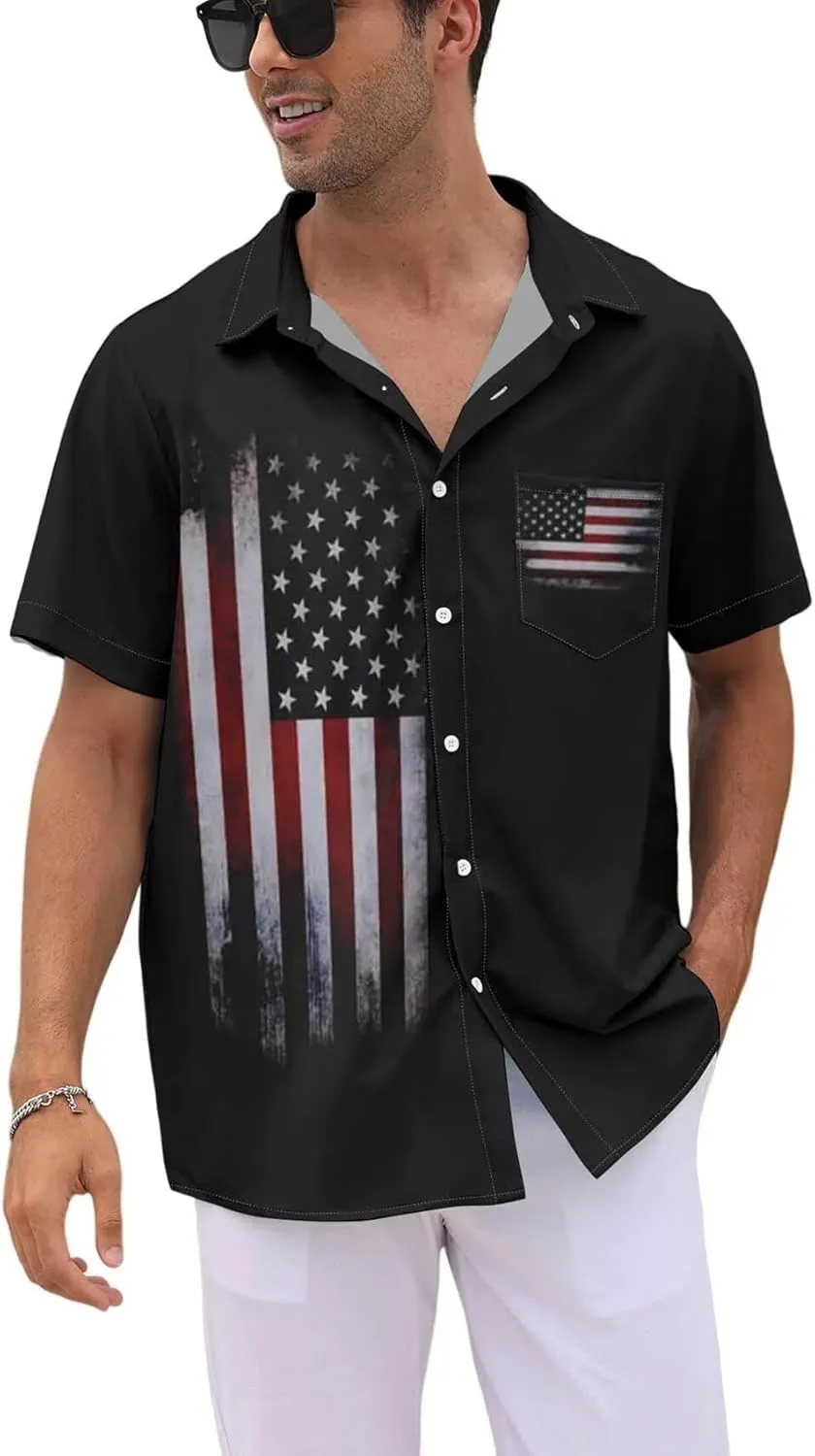 WHO IN SHOP Men's 4th of July American Flag Patriotic Shirts Short Sleeve Button Up USA Memorial Day Shirts