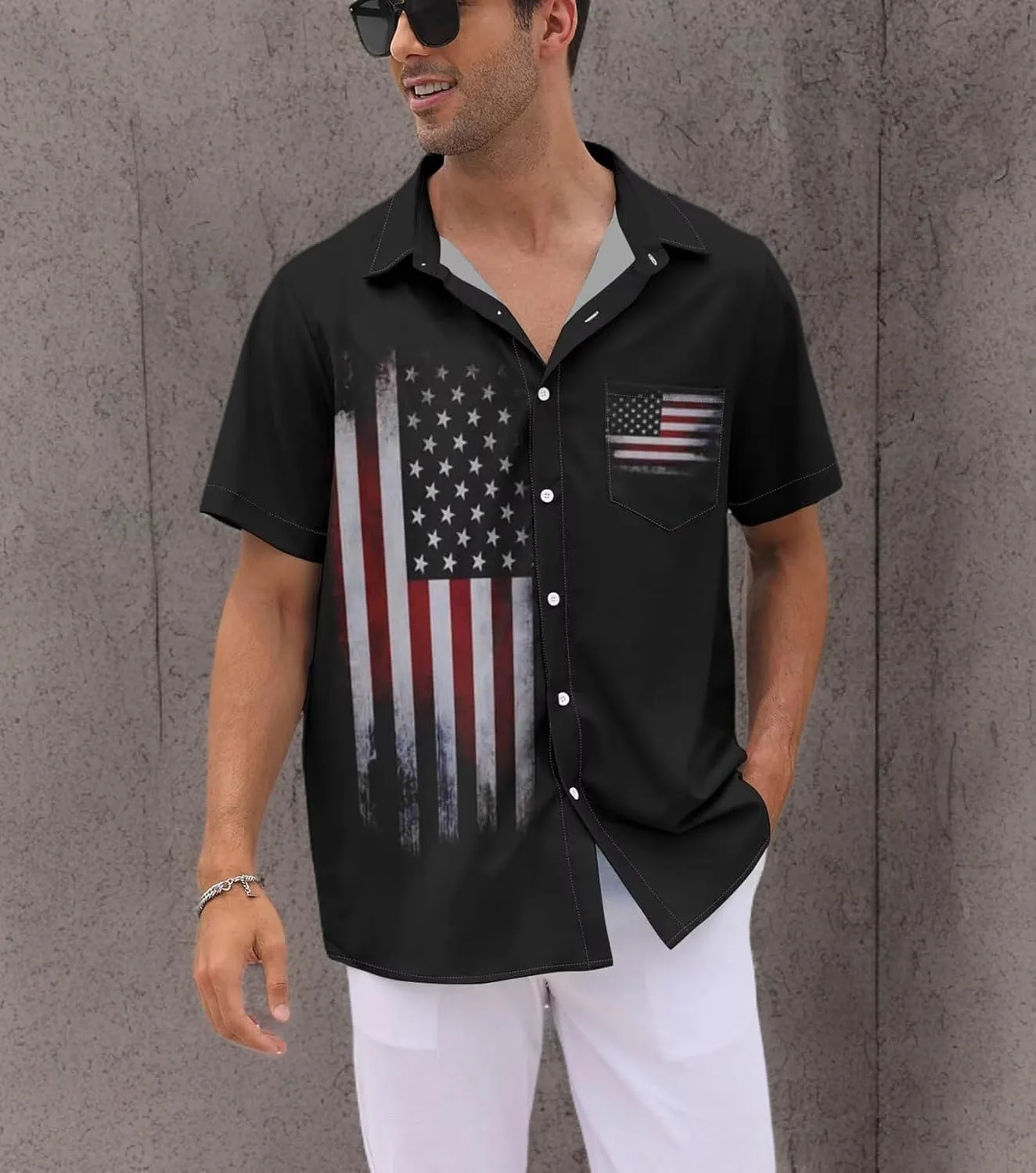 WHO IN SHOP Men's 4th of July American Flag Patriotic Shirts Short Sleeve Button Up USA Memorial Day Shirts
