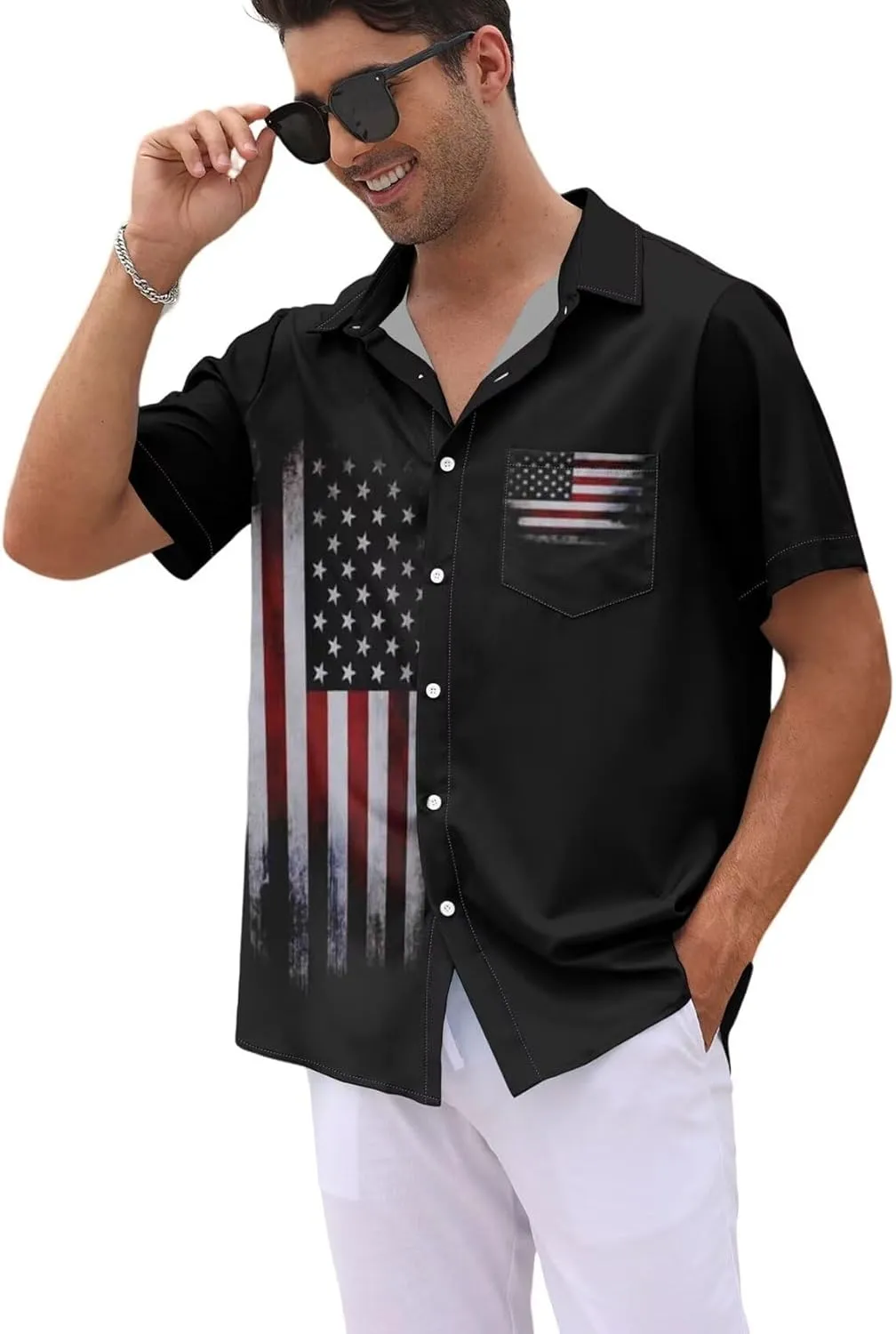 WHO IN SHOP Men's 4th of July American Flag Patriotic Shirts Short Sleeve Button Up USA Memorial Day Shirts